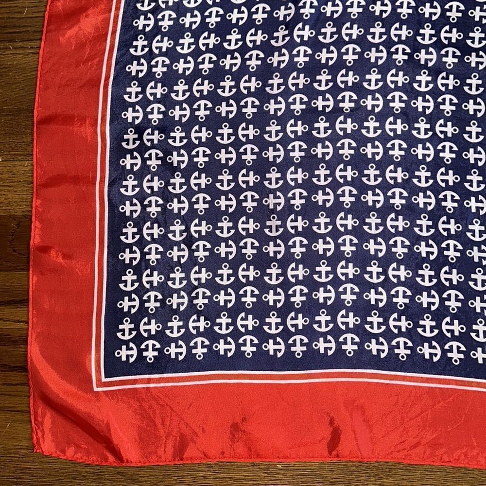 Vtg 60s Glensder Textile‎ red, white & blue anchor print nautical themed scarf - Picture 4 of 8